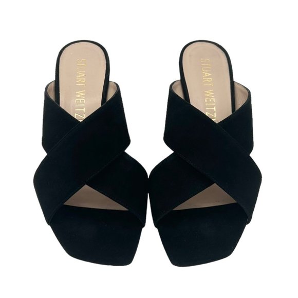 Stuart Weitzman Aletha Black Suede Cross Strap Square Toe Heeled Sandals - Picture 3 of 11